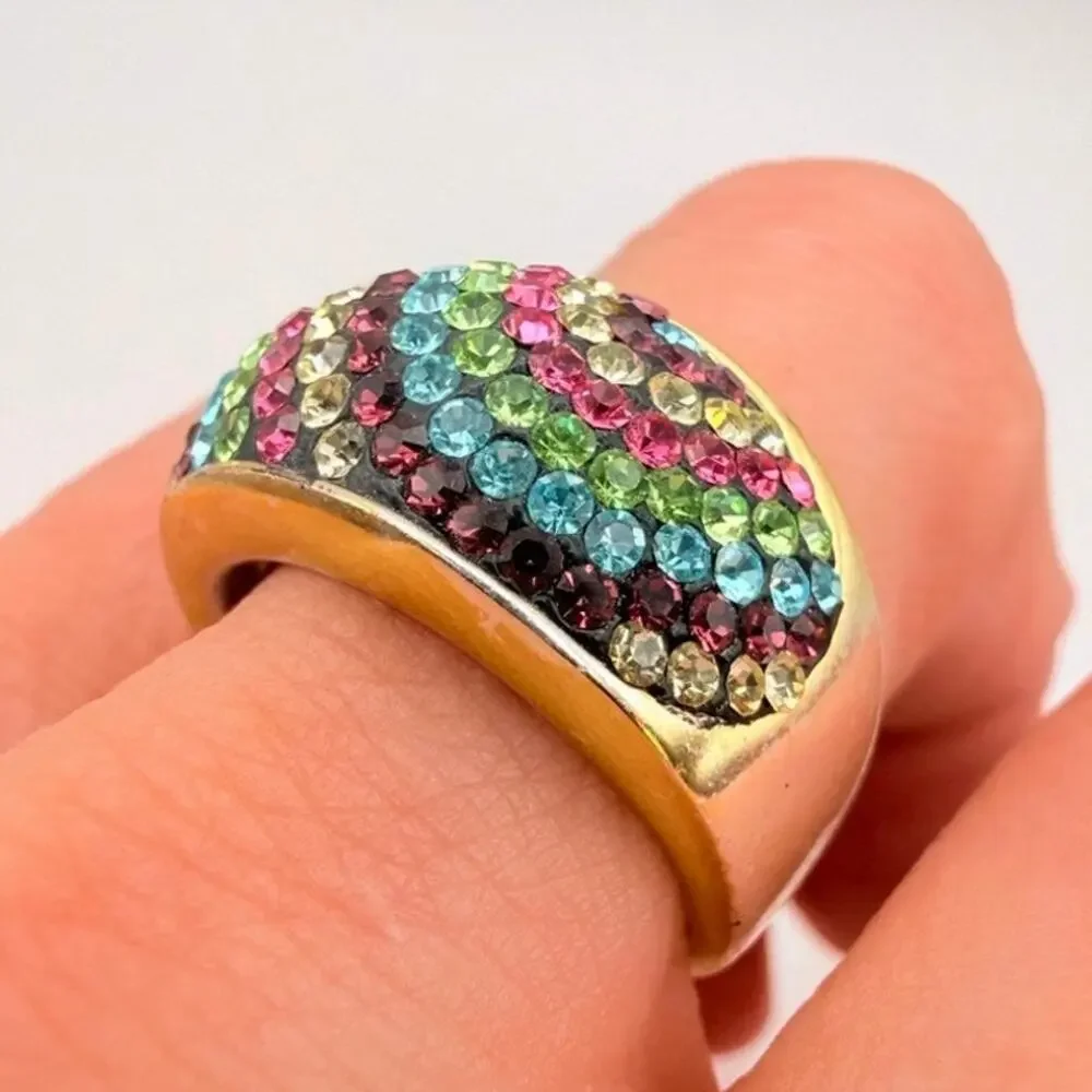Vintage JCM Thailand Brass Rainbow Pave Crystal Statement Ring Size 8 Bold